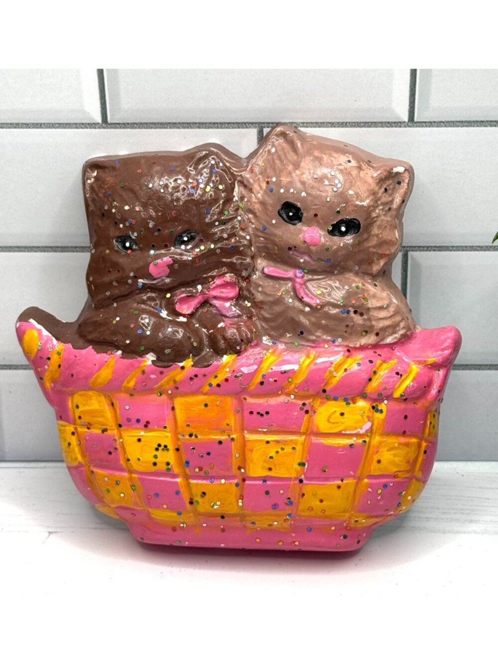Vintage MCM Chalkware Wall Plaque With Two Cats In Basket Glitter Accents